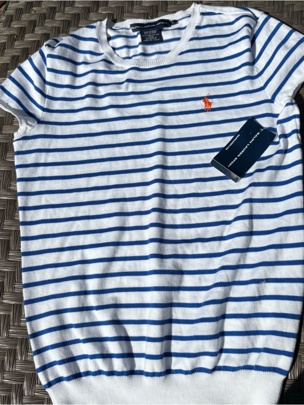 Ralph Lauren White Blue Striped Short Sleeve Knit Top Polo 100% Pima Cotton M